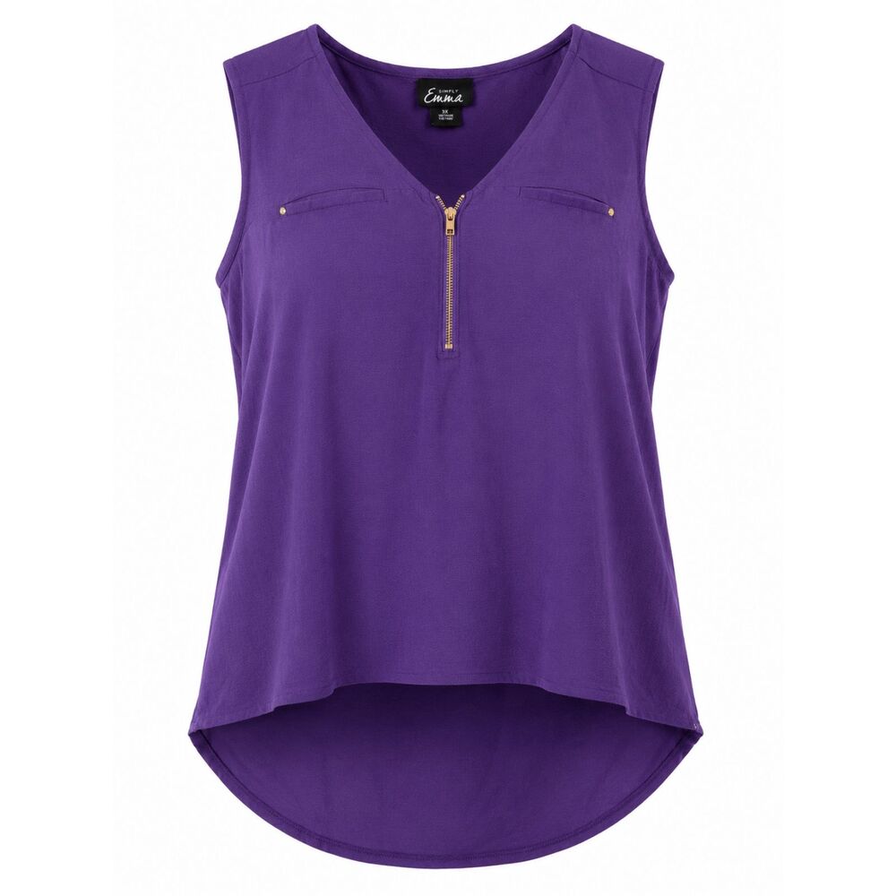 Simply Emma 3X Purple Sleeveless Zip Front High Low Tunic Blouse 3526